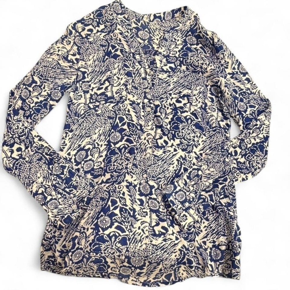 Gap Women Blue White Floral Batik Cotton Gauze Long Sleeve Blouse Top RN54023